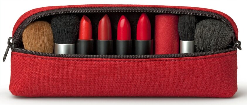 A red zippered makeup bag is open, revealing a collection of cosmetics including red lipsticks and brushes against a white.