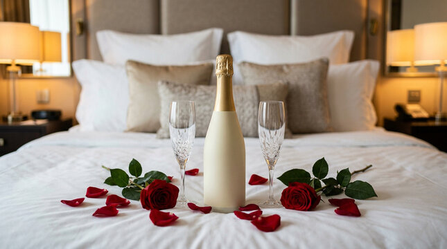 Romantic hotel bedroom setup with champagne bottle, crystal glasses and red rose petals