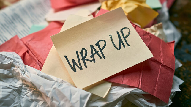 A yellow sticky note with Wrap Up text sits on a pile of crumpled paper. Ideal for business meeting conclusion or project summary concepts.