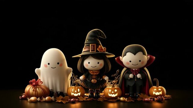 Set of animated cartoon Halloween characters, including a witch, Dracula, and a dancing witch, on a dark background.