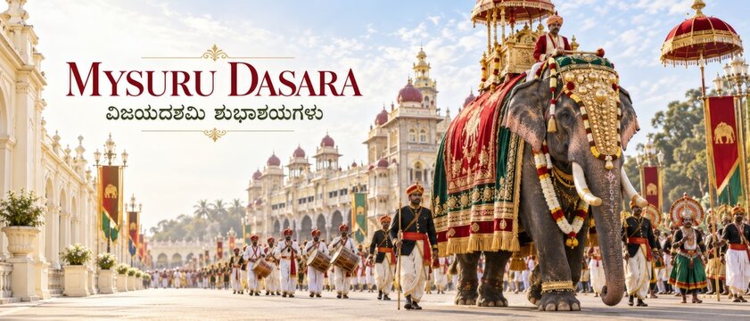 Mysuru Dasara procession featuring decorated elephant, palace architecture, royal guards, musicians, and Kannada greeting text for Dussehra Vijayadashami celebration on festive cultural