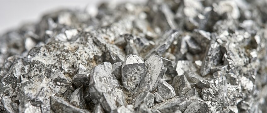 Cluster of silver gray zinc crystals with metallic facets. Geological mineral specimen macro texture and raw industrial material