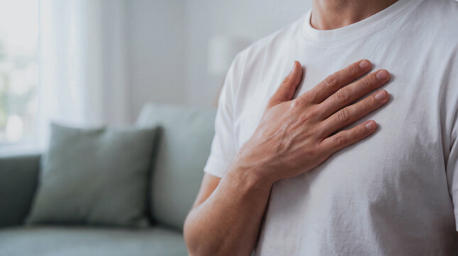 Man experiencing sudden chest pain and acute cardiac discomfort in living room
