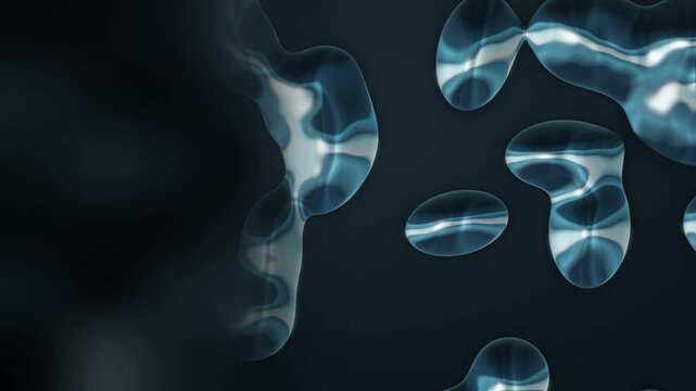 Liquid chrome metal blobs abstract background with copy space for text seamless loop in soft teal tones