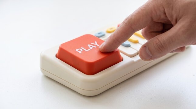 Hand pressing a large orange play button on a white electronic device.