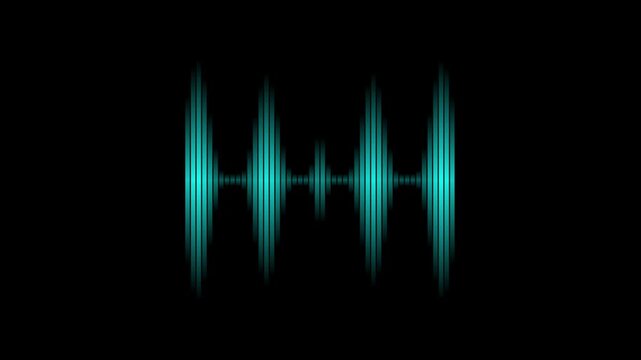 Cyan audio wave visualizer display, glowing sound spectrum equalizer on black background, digital voice frequency waveform motion graphics