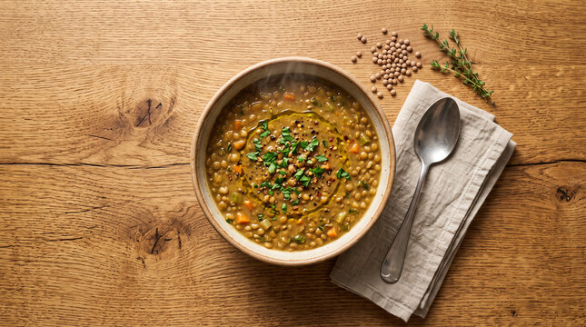 Warm soup bowl with lentils on a wooden table with herbs  