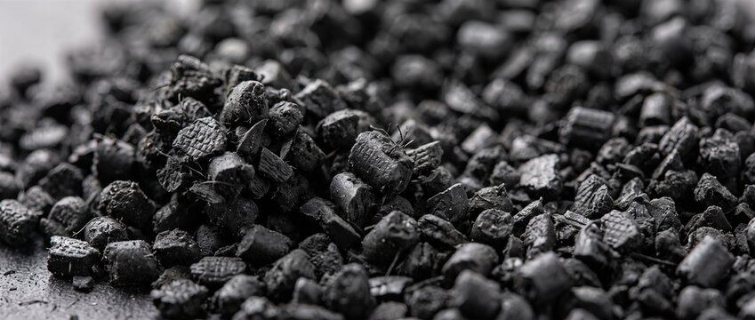 Close up of black crumb rubber granules and recycled tire pellets. Shock-absorbing granular material for synthetic turf, playground surfaces, and asphalt paving