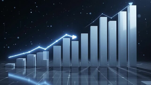 Glowing 3d financial bar chart with rising blue arrow on dark grid
