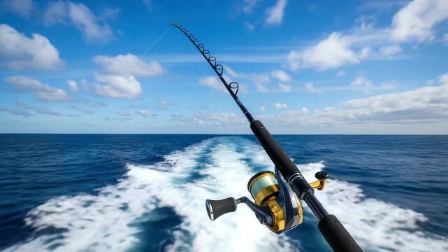 Fishing rod casting line over ocean waves with blue sky and clouds background