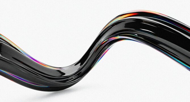 3d iridescent liquid glass ribbon wave line with neon rainbow light texture on abstract black background. Holographic gradient water flow with speed motion effect. Digital tech banner. 3D illustration