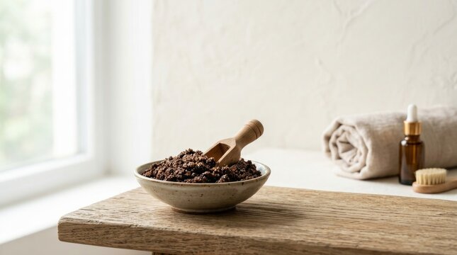 Ground coffee scrub in a ceramic bowl with wooden scoop on a wooden shelf. Natural exfoliating body care with towel and dropper bottle
