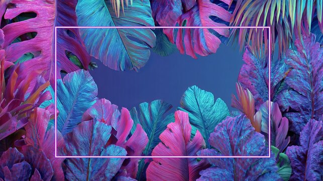 Vibrant tropical foliage, showcasing bold neon hues, creating a surreal and captivating botanical concept for modern design