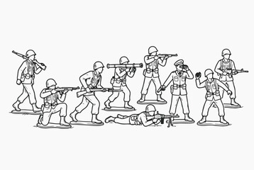 Fototapeta premium Toy army men figures line art illustration. Vintage plastic soldier miniature figurines in combat poses. Retro military miniatures isolated on white background