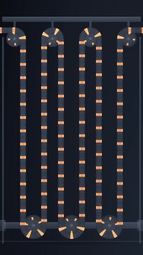 Festoon accumulator web loops breathing between roller banks, industrial process machine, seamless loop in rich blue tones vertical 9:16