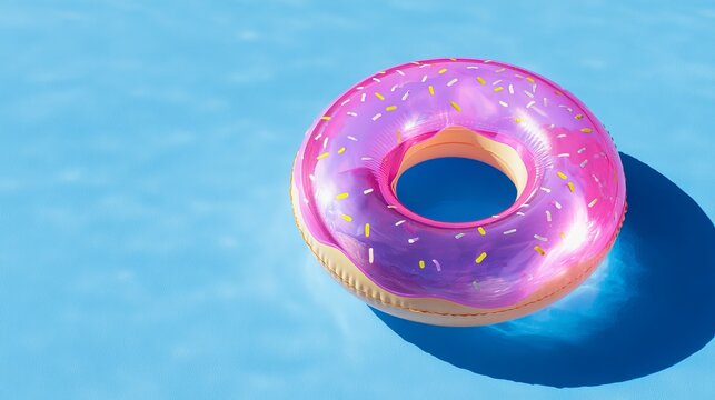 Vivid pink donut float with colorful sprinkles gently resting on a bright blue pool, perfect summer fun concept