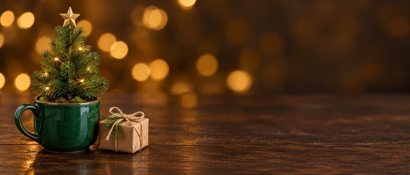 Miniature Christmas Tree in Green Mug with Kraft Gift and Golden Bokeh