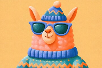 Fototapeta premium Llama wearing sunglasses and winter outfit in bright background