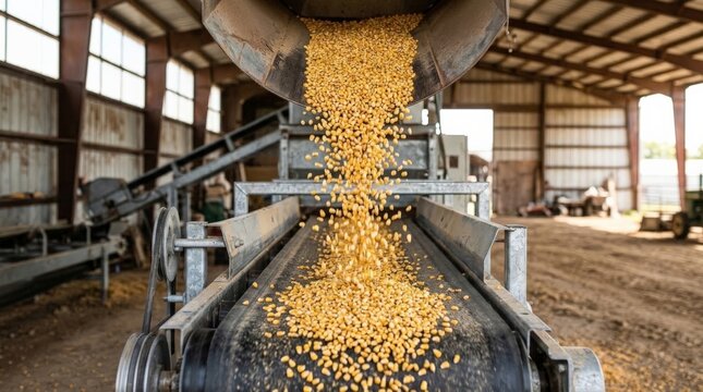 A close-up view of a conveyor belt transporting golden corn kernels in a shed during a grain silo harvest, highlighting industrial agriculture operations and equipment in full motion