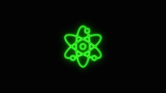 Glowing Green Neon Atom Icon Symbol of Science and Physics on Dark Black Background