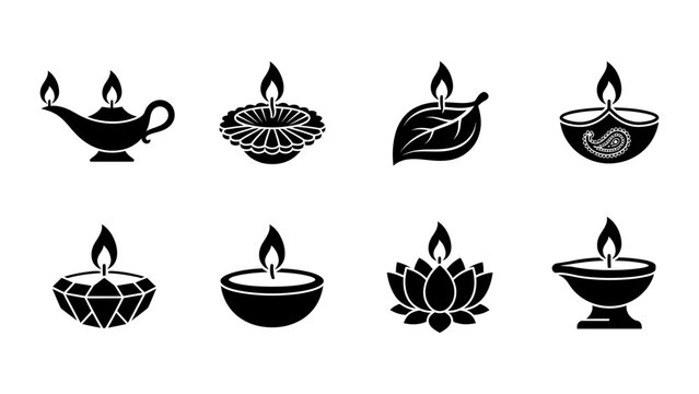 Set of black and white diwali oil lamps with burning flames vector silhouettes diwali lamp diya lamp silhouette burning flame diwali icon indian festival