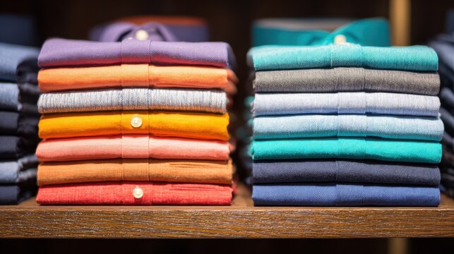 Neatly organized stack of colorful shirts on a wooden shelf in a clothing store