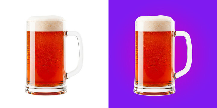 Full glass mug of cold golden amber ale beer with thick white foam head