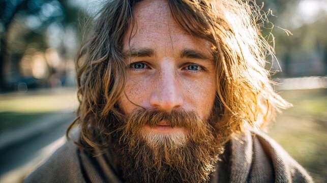 Gentle man with long wavy brown hair and a full beard gazes forward, a peaceful portrait representing a natural lifestyle