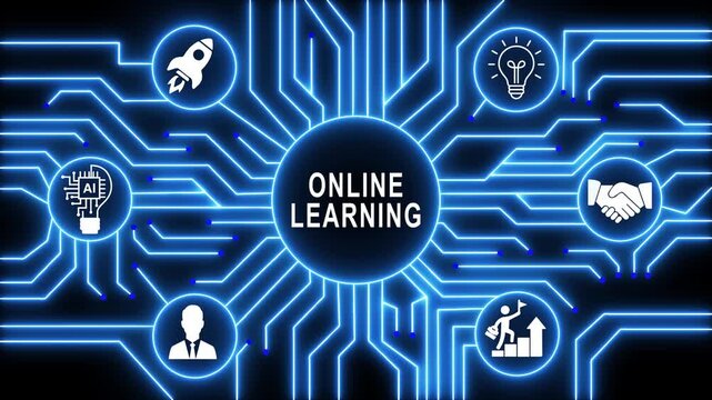 Online learning concept animation with glowing blue circuit board featuring educational and digital networking symbols for e-learning platforms and modern academic presentations