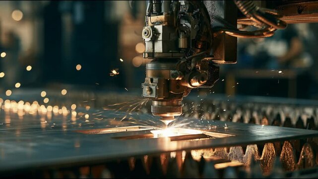 Automated plasma cutter shaping steel with bright sparks on a dark factory background, photorealistic, industrial concept