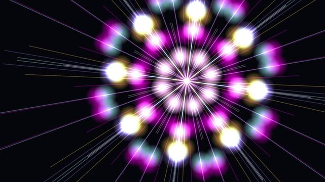 Radiant starburst effects creating a hypnotic looping light pattern on a dark canvas