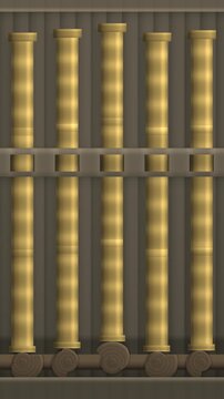 Snail Cams Lifting a Bank of Tappet Rods That Drop and Bounce Seamless Loop in soft brass tones vertical 9:16