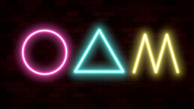 Neon shapes glowing on brick wall seamless loop
