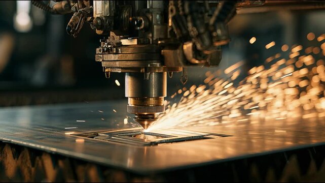 Industrial plasma cutter shaping steel, cinematic photo style, on a dark workshop background, concept of precise manufacturing