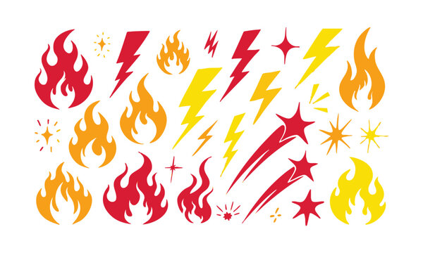 Hand Drawn Fire Flame and Lightning Doodle Collection.