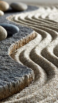 Close up of a zen garden with raked sand patterns and smooth stones on a textured rock background.