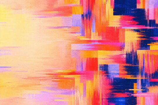 Abstract glitch art background with horizontal pixel sorting streaks and vertical distortion in orange, red, pink, yellow and navy blue, colorful digital noise design with copy space on left