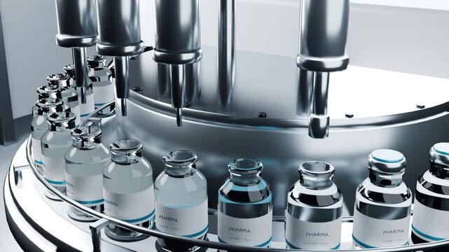 Vaccine ampules bottles development Machine puts bottle caps Pharmaceutical mass production line manufacturing row bg able to loop endless 4k