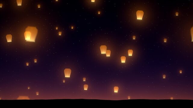 Sky lanterns floating in the night sky seamless loop