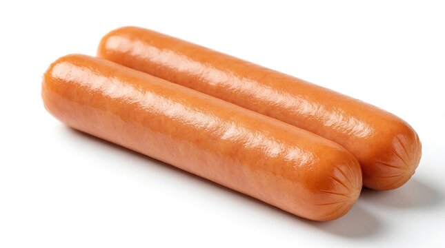 Two tasty hot dog sausages lie on white background. Cooked meat frankfurters ready for fast food meal bbq party. Protein snack for breakfast lunch isolated on plain surface. Delicious pork beef