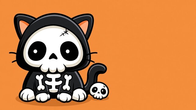 Halloween Cute Skull Cat Cartoon Character with Skeleton Costume and Tiny Skull on Orange Background