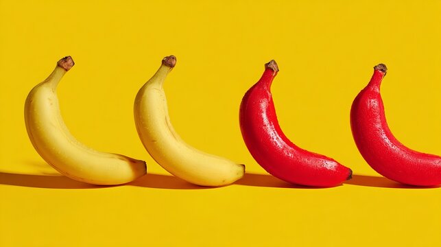 Four ripe bananas with one vibrant red fruit displayed against a bright yellow backdrop, showcasing colorful contrast and fresh produce