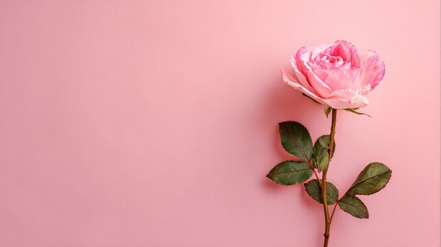 Delicate pink rose blossom elegantly positioned on a soft pastel pink surface, showcasing beauty, freshness, and floral design concept