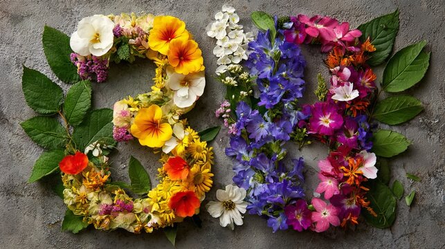 Delicate blossoms arranged creatively, forming the numbers two and three, showcasing vibrant colors and natural beauty