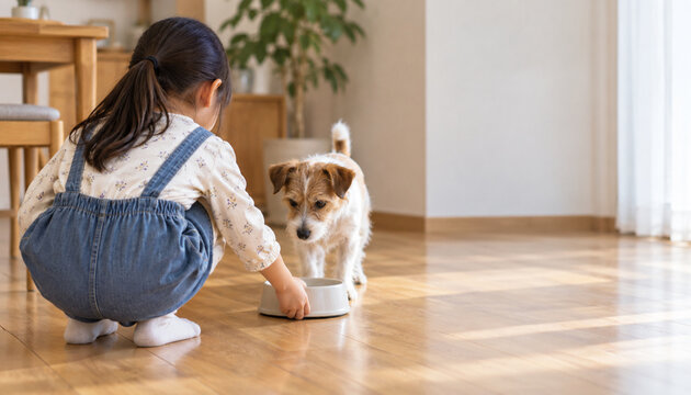 犬に餌やりする子どもの手元