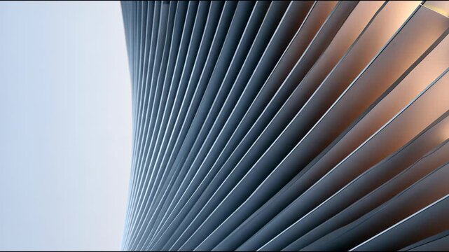 Close-up abstract facade with dark fins and copper highlights on a pale background, suggesting modern architecture and innovation