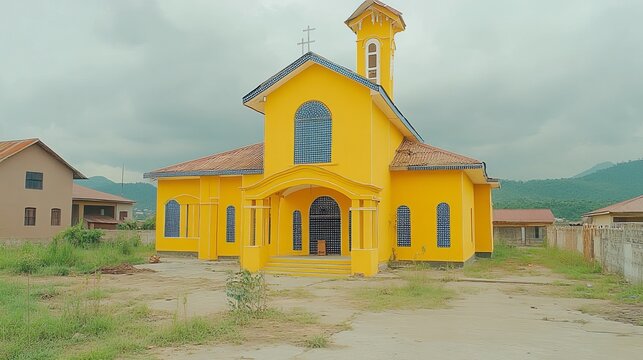 Bright Yellow Church Building Facade in a Rural Landscape Environment Under Cloudy Grey Day Sky