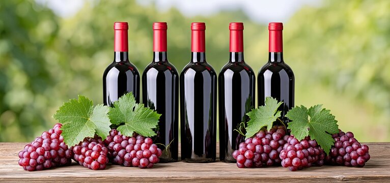 Premium Croatian wine bottles arranged with grapevine decorations on a rustic wooden surface in a summer vineyard setting.