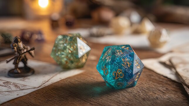 Sack of purple and teal marbled polyhedral role-playing game (RPG) dice with gold-painted numbers, 