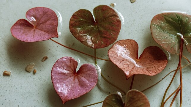 Delicate pink and green aquatic leaves floating gently on water, revealing subtle textures, displaying natural beauty, a peaceful scene